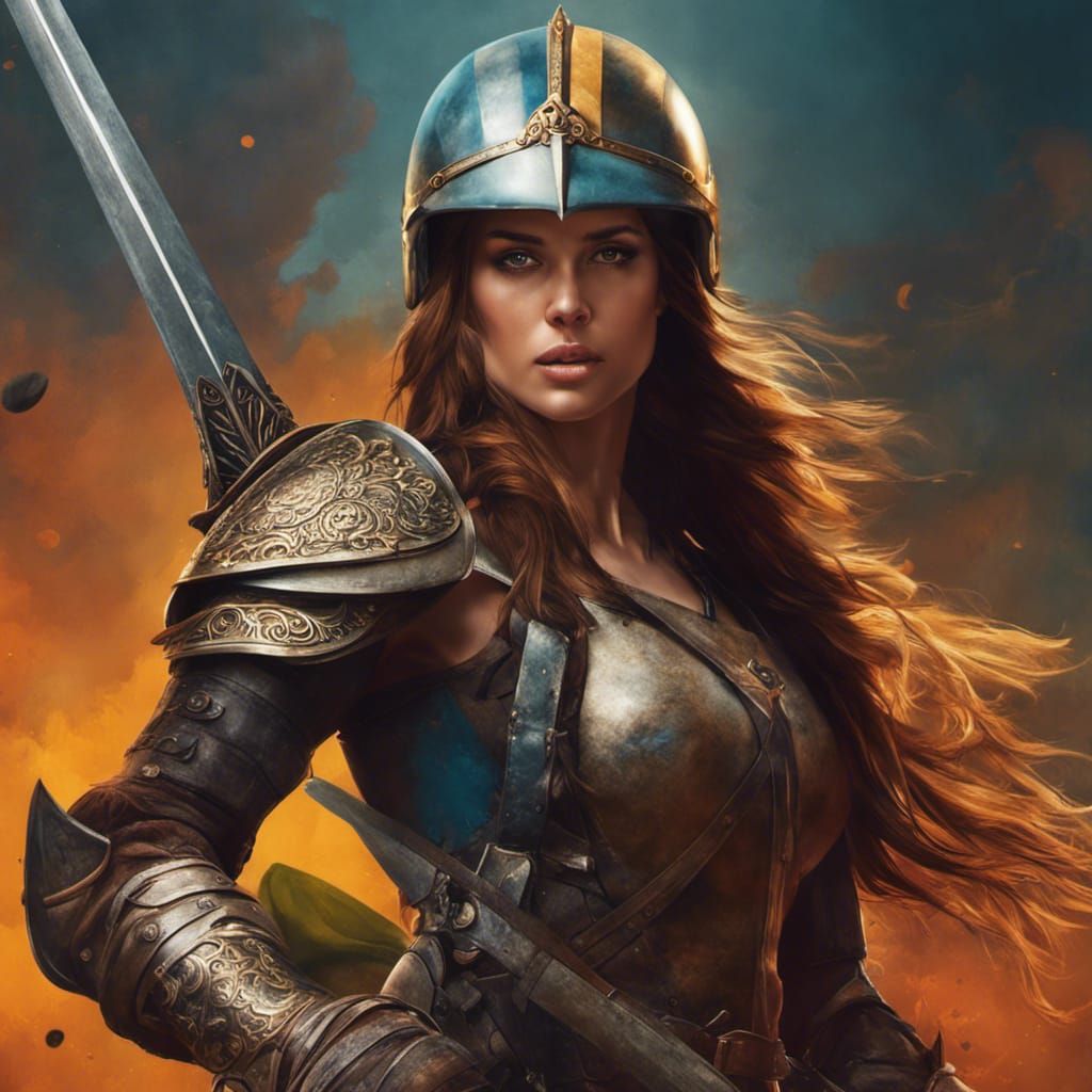 Strong Woman Warrior with Sword, Hyperdetailed Art