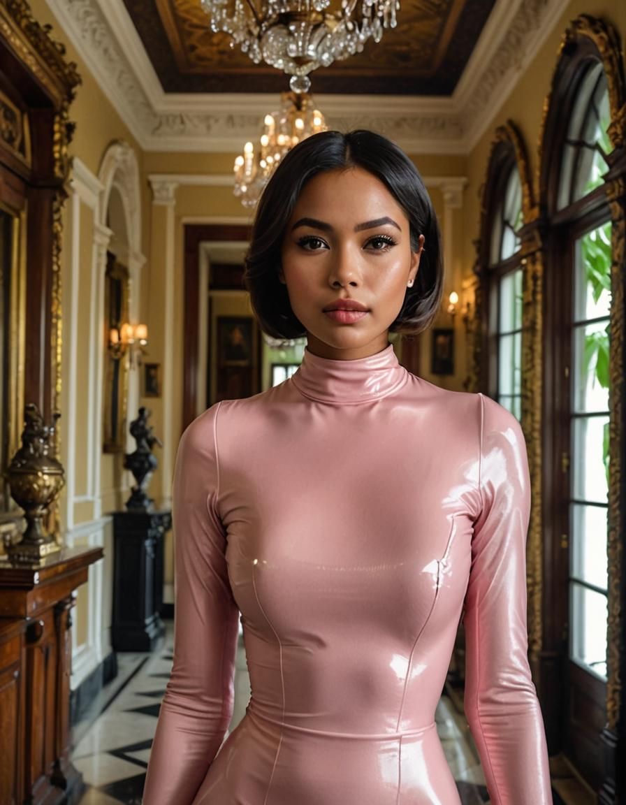 Indonesian Woman in Pink Latex Bodysuit