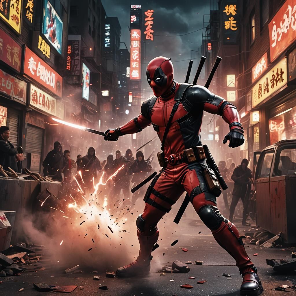 Deadpool Katana Fight in Neon Cityscape