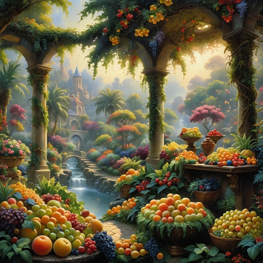 Ethereal Oasis Bursting with Fruits in Hyperdetailed Style