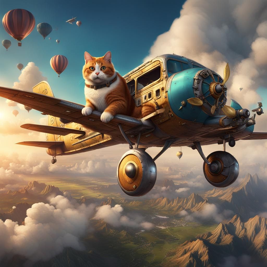 Fat Cat on Airplane: Detailed Fantasy Concept Art