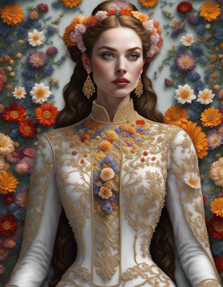 Embroidered Marble Queen Sculpture with April Flowers