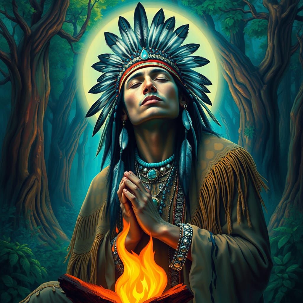 Native American Shaman Vision in Surreal Forest