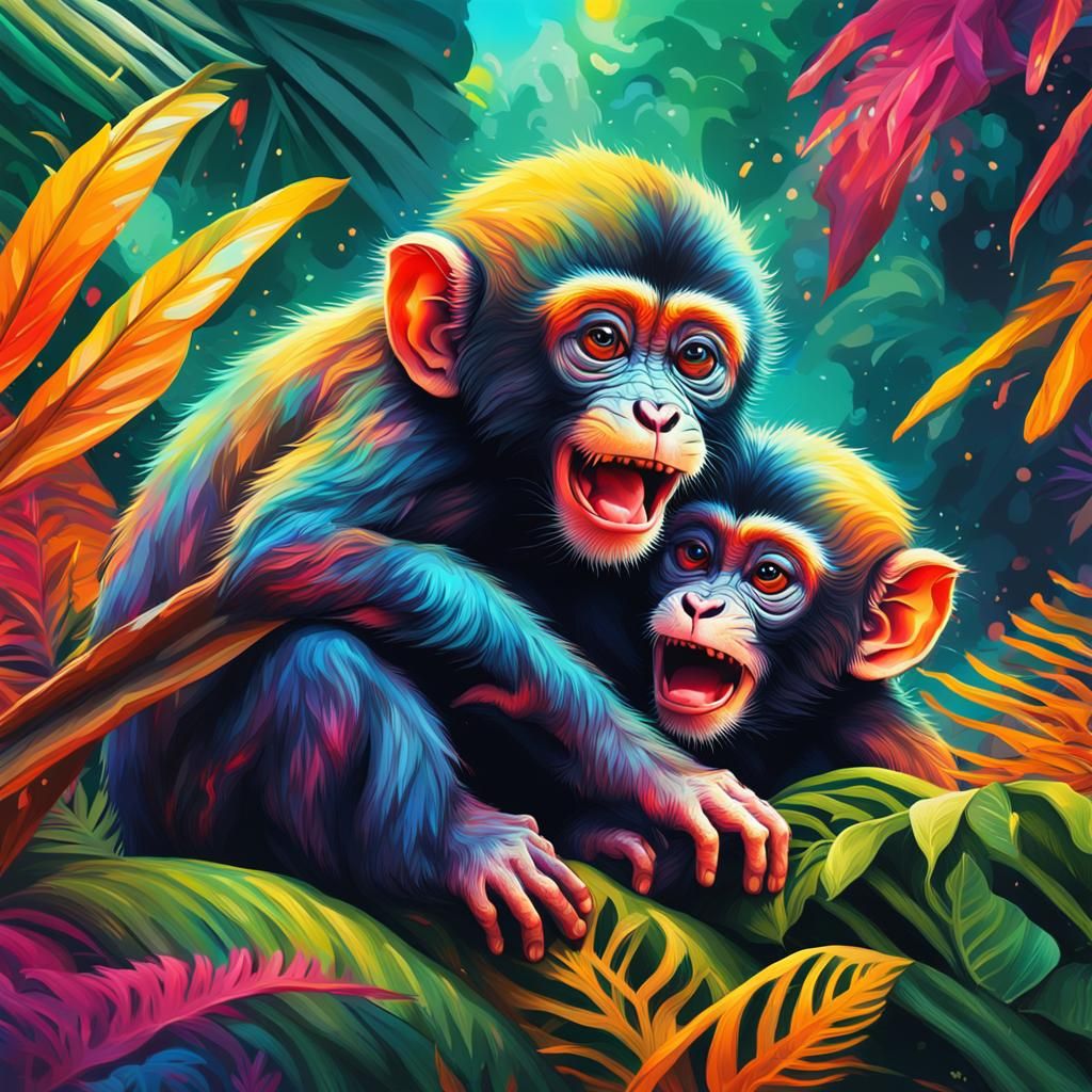 Baby Monkeys Wrestling in Psychedelic Forest