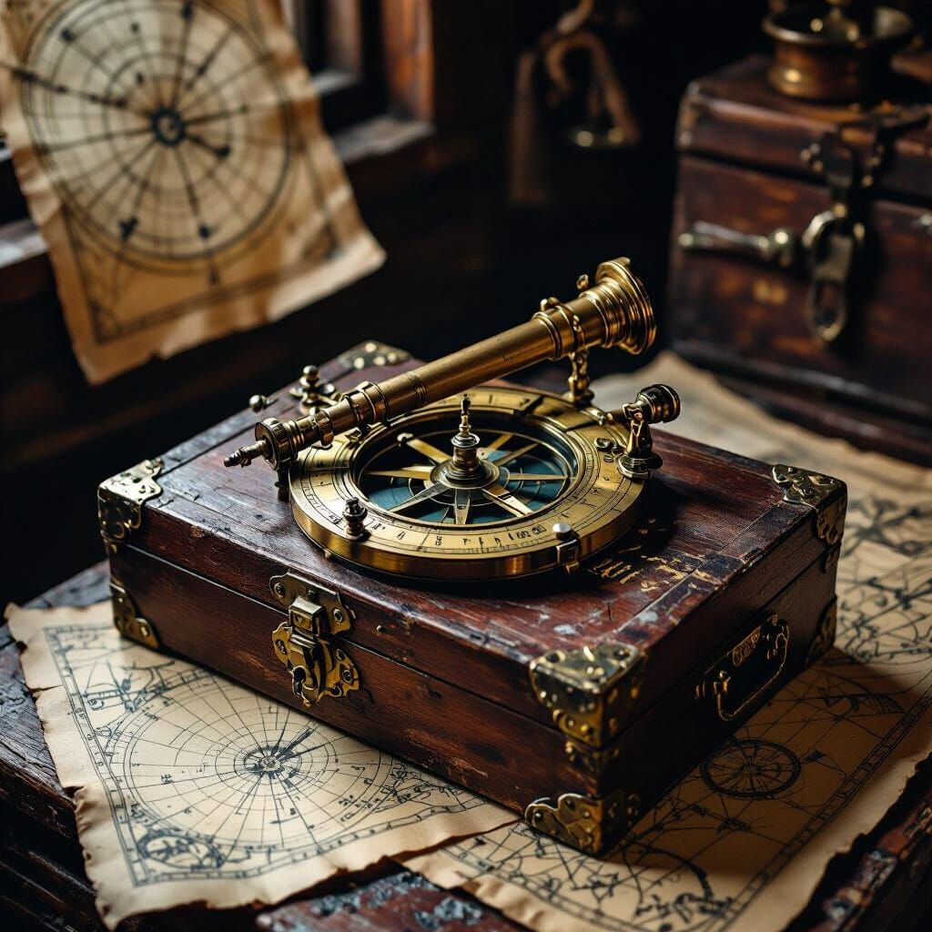 Vintage Sextant on Treasure Chest, Pirate Illustration