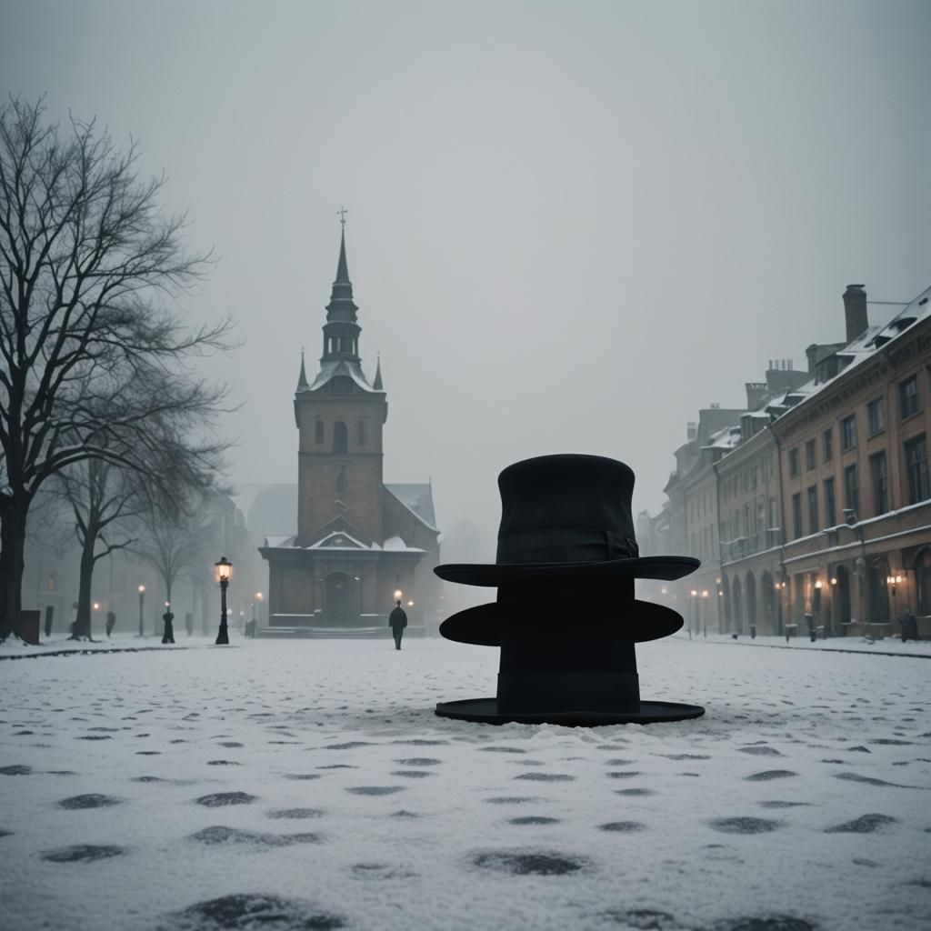 Eerie Black Hat in Snowy Square: Surrealist Digital Art