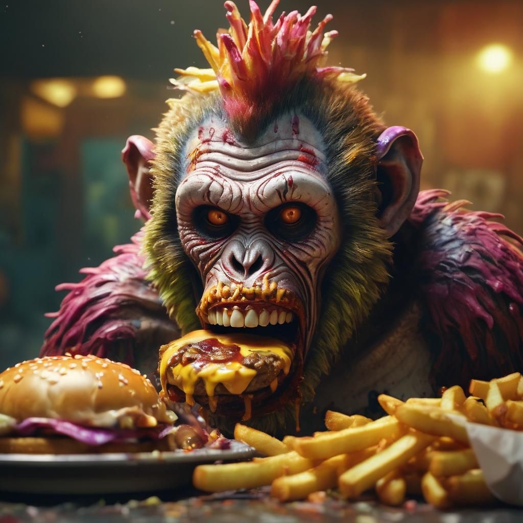 Zombie Monkey Clown Feast: Hyper-Realistic Digital Art