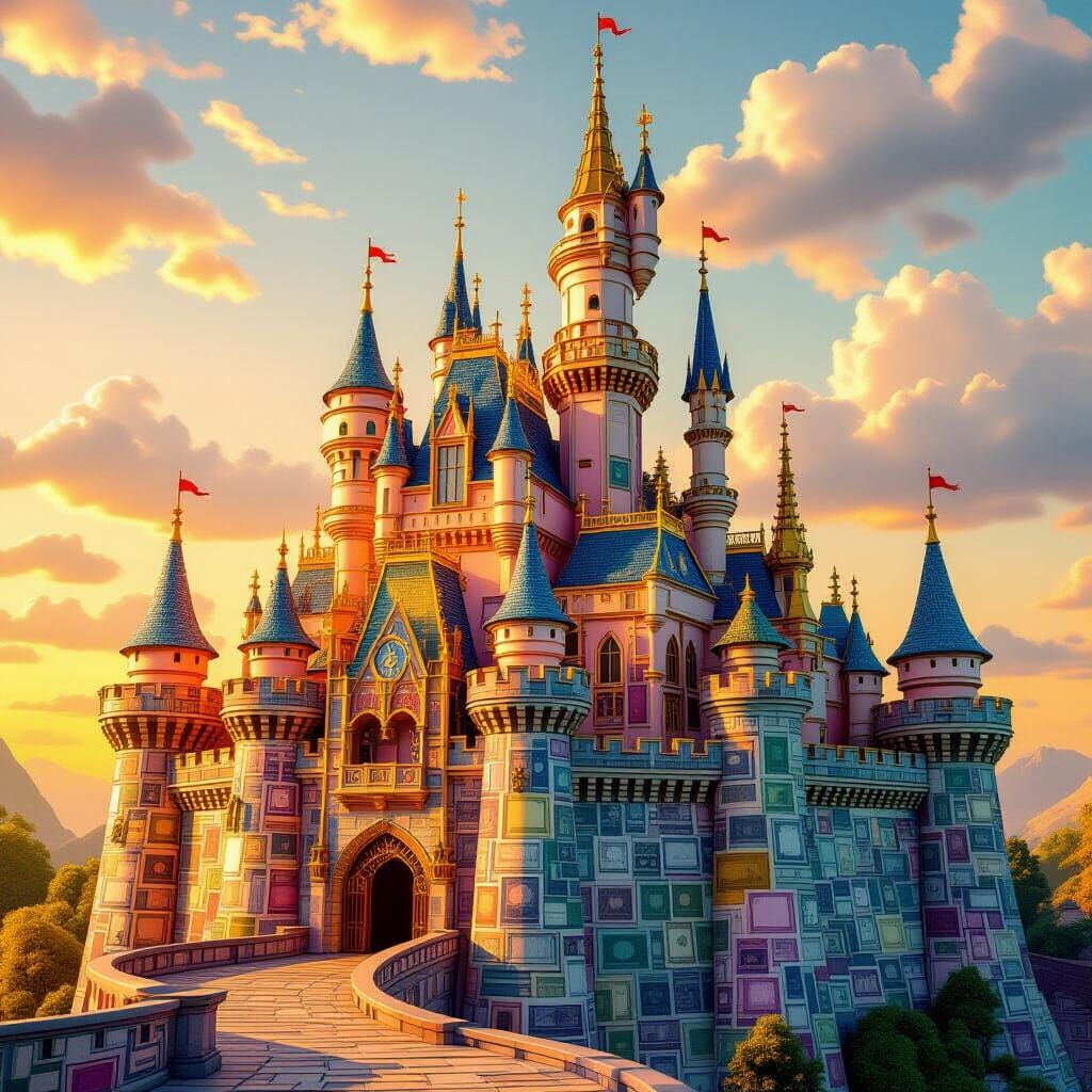 Fantasy Castle Built from Colorful Banknotes in Golden Hour ...