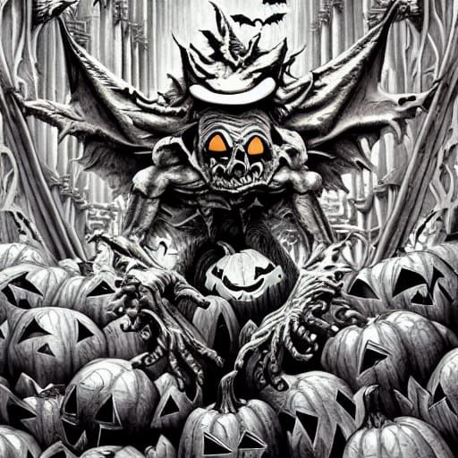Surreal Halloween Scene with Gargoyles and Goblins