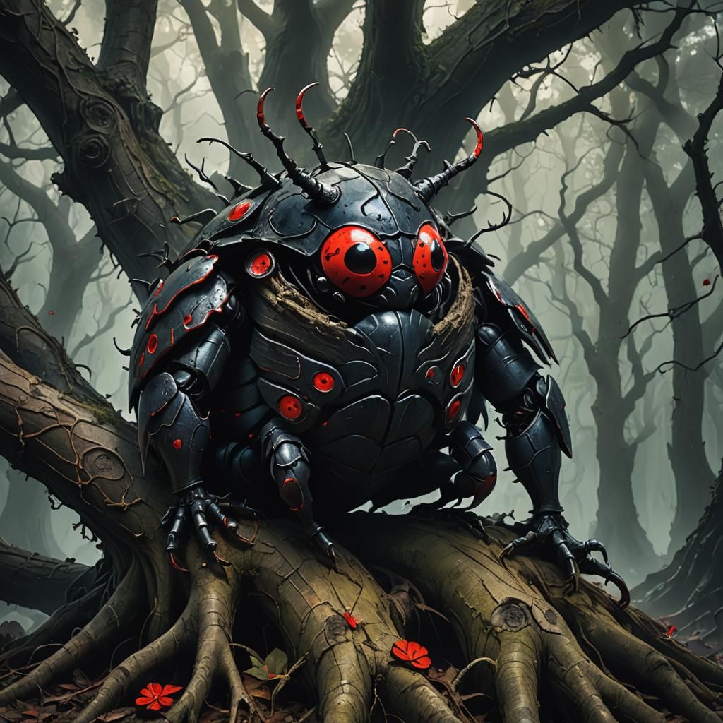 Eerie Dark Fantasy: Giant Demon Ladybug on Twisted Roots
