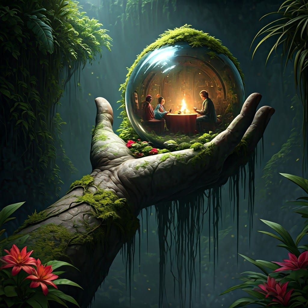 Majestic Stone Arm Cradles Whimsical Gathering in Glass Sphe...