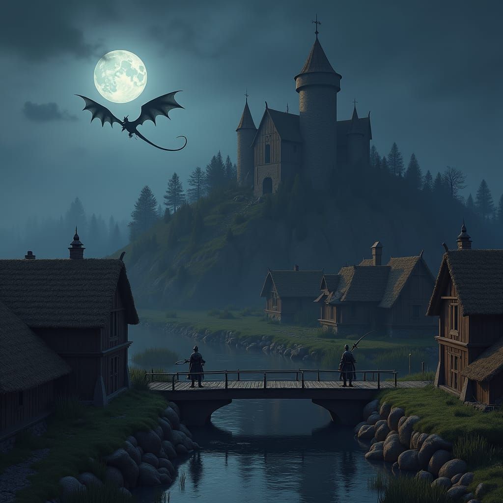 Medieval Village in Twilight Swamp Landscape