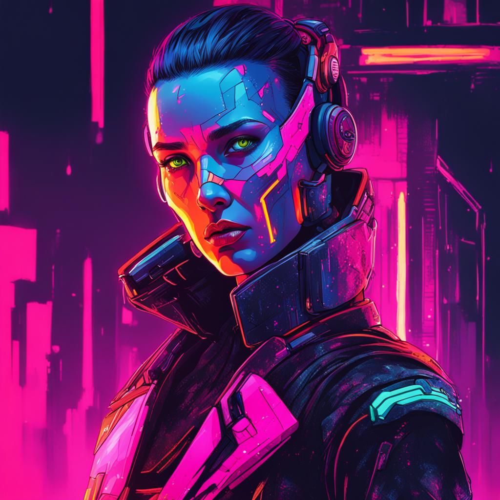 Cyberpunk Robot Woman Portrait in Neon City