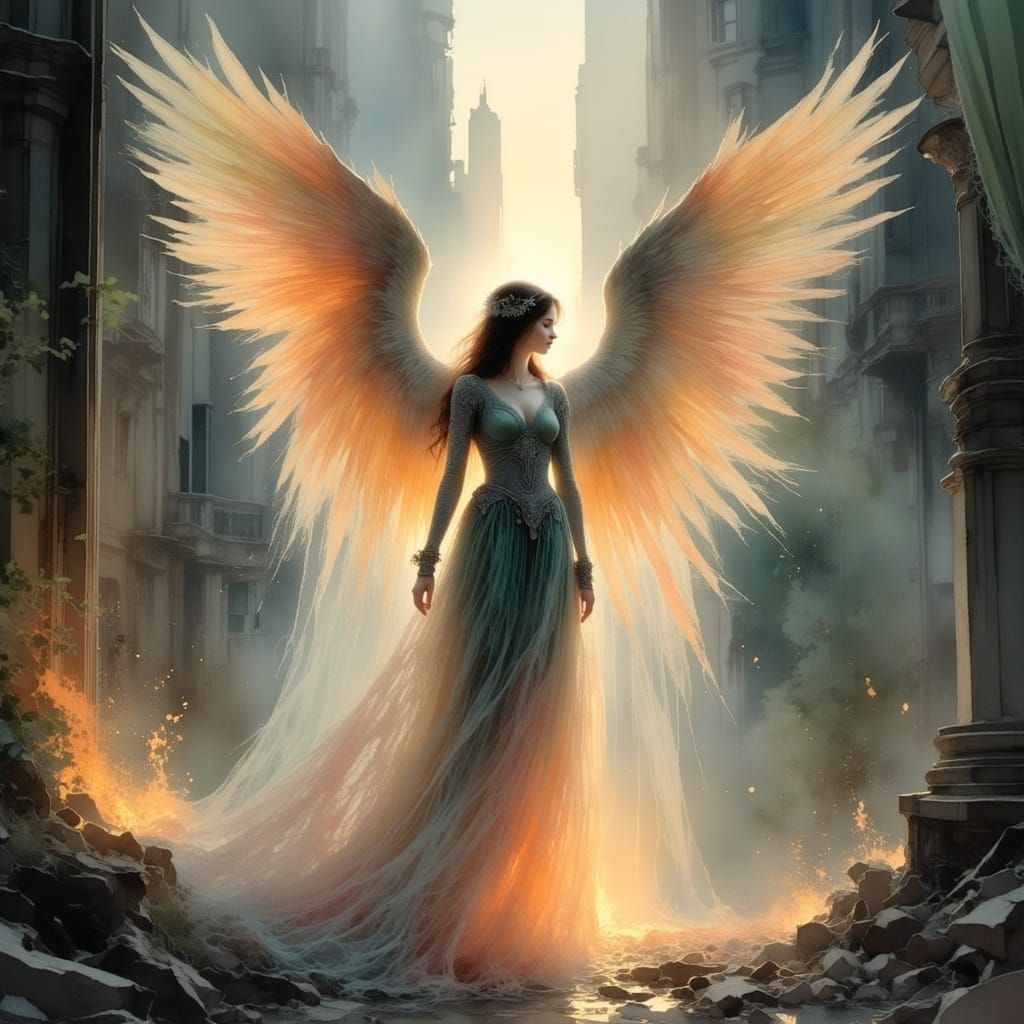 Fiery Angel Radiates Hope Amidst Ravaged Cityscape in Cyberp...