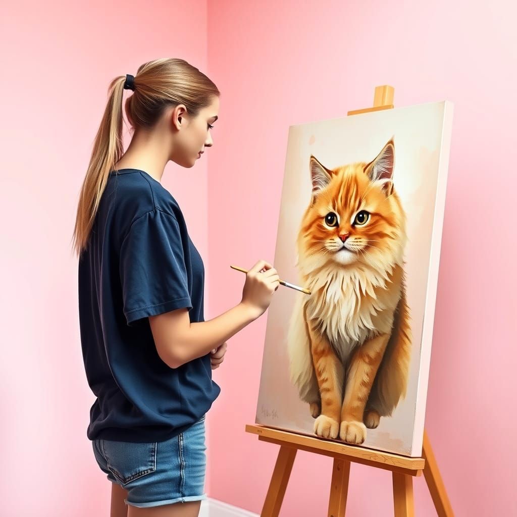 Teenage Girl Paints Realistic Cat Portrait in Soft Focus