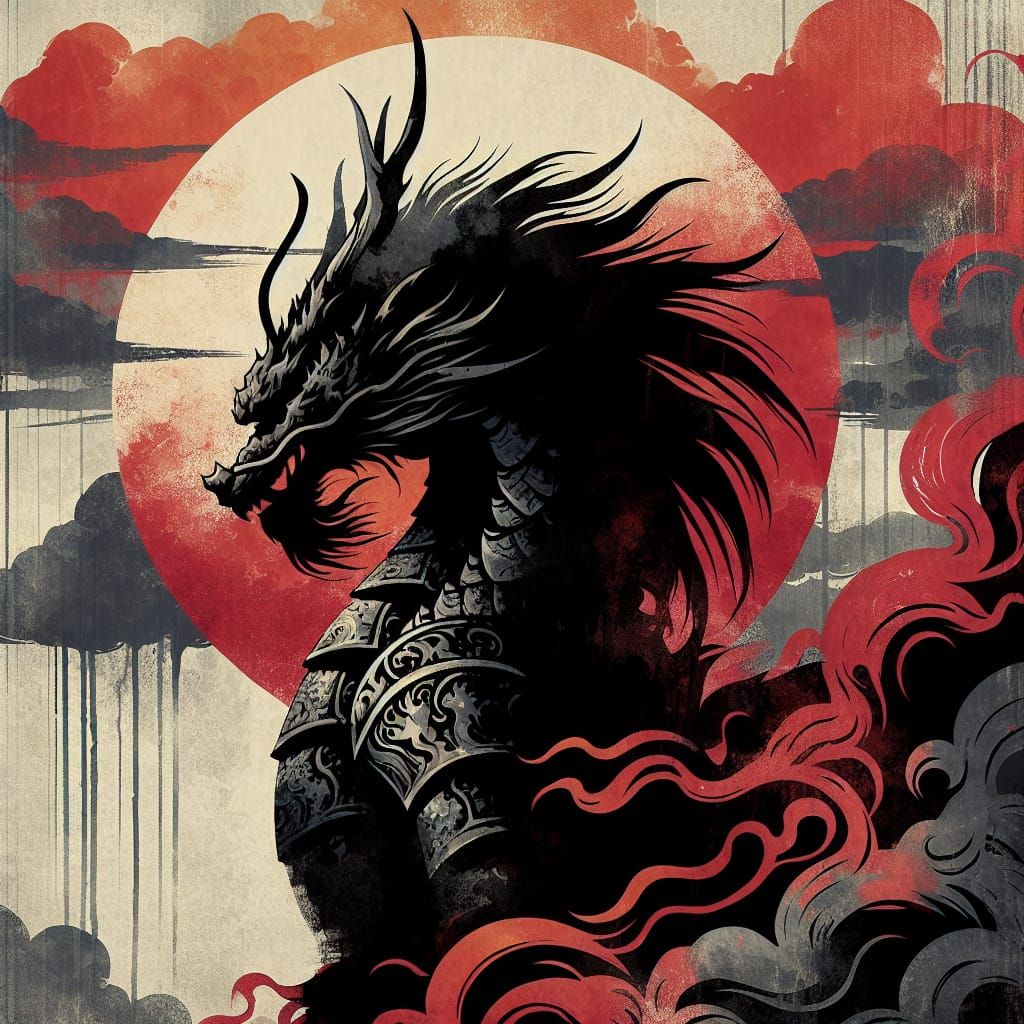 Dragon Silhouette at Sunset: An Oil Painting