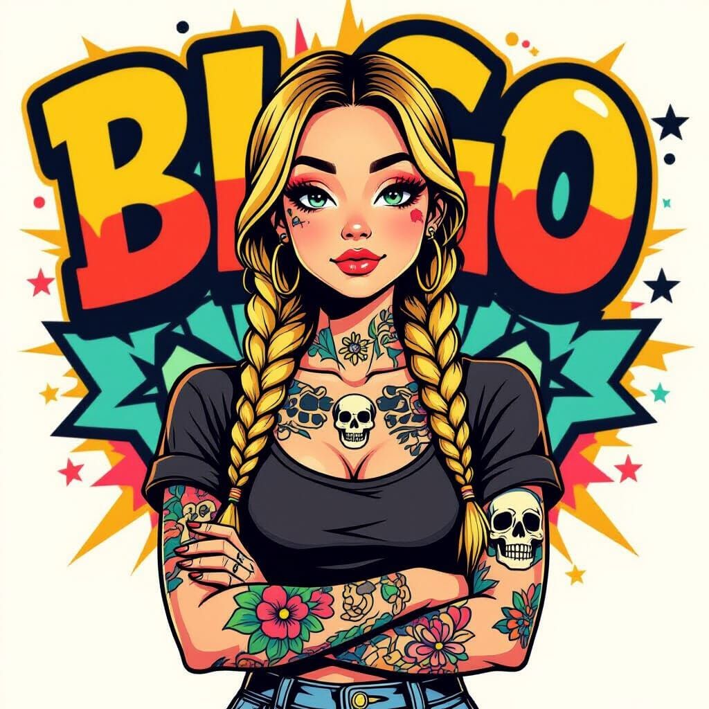 Girl with Gold Braids and Skull Tattoos