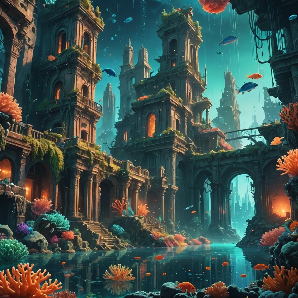 Underwater Dystopian City with Bioluminescent Coral