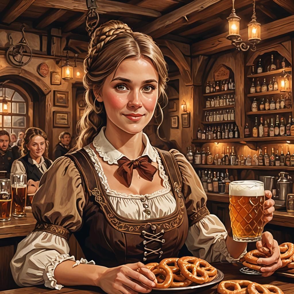 Barmaid Serving Beer in Traditional Germanic Illustration