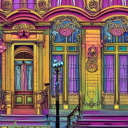 Art Nouveau Rococo Architecture in Pastel Woodcut Style