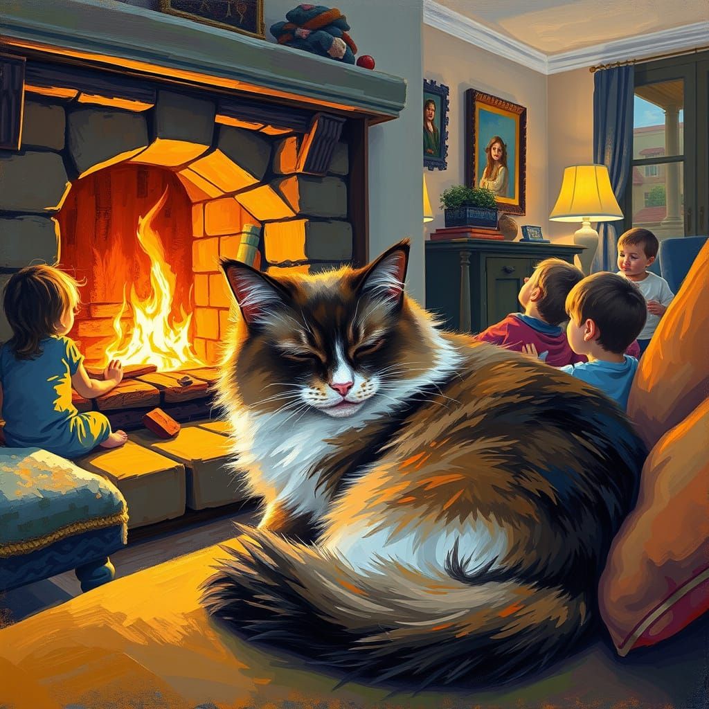 a cat sleeping beside an open fireplace in a cozy living roo...