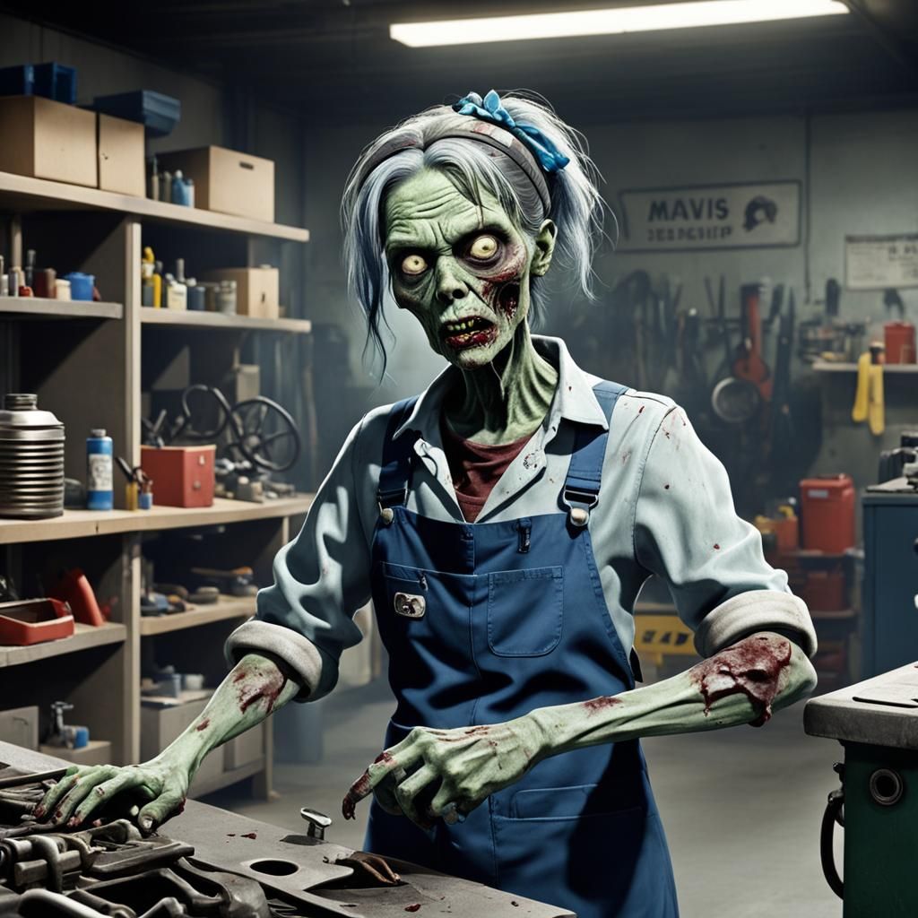 Zombie Mechanic Working at Car Repair Shop