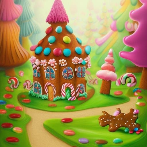 magical forest with gingerbread house, candy flowers, cookie trees Candy art style! Whimsical playful colorful! candy!!!...