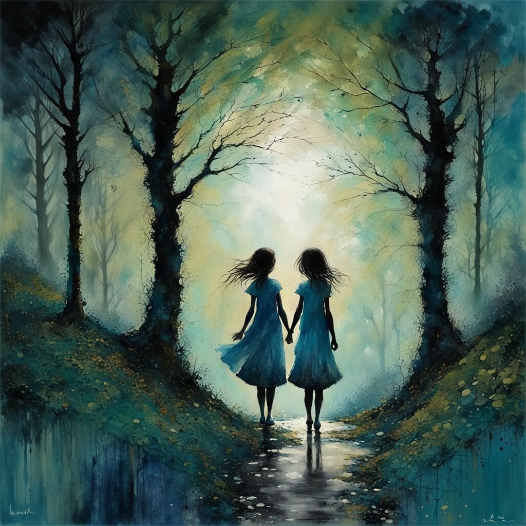 Enchanted Moonscape: Two Sisters in Art Brut Style