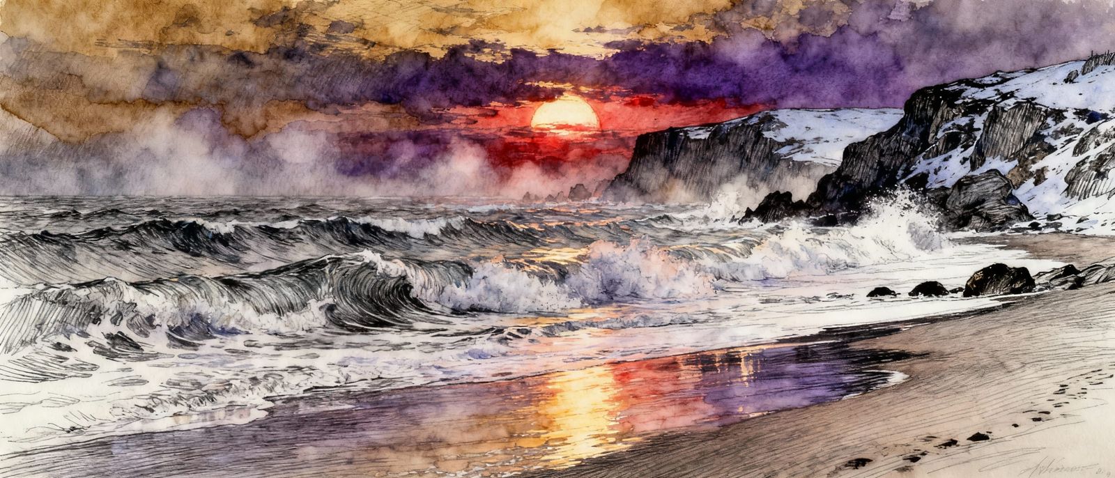 Dramatic Winter Sunset Over Rugged Coastline Pencil Sketch