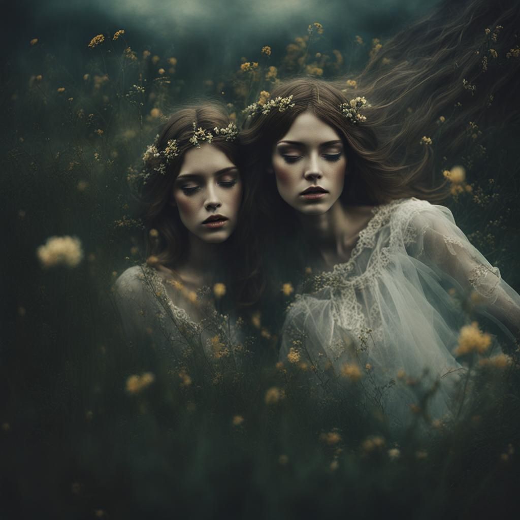Dramatic Double Exposure Twins Portrait