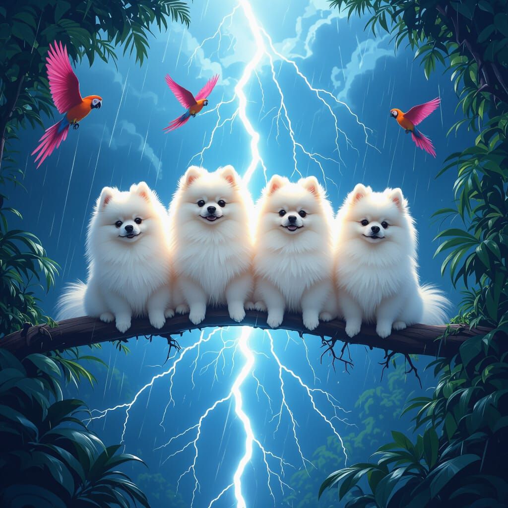 Pomeranians on Lightning Amidst Jungle Storm