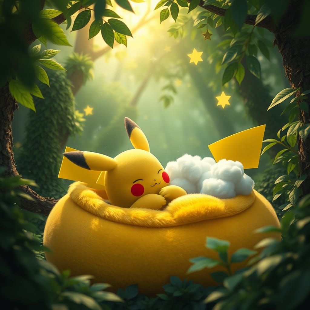 Pikachu Napping in Forest, Matte Painting