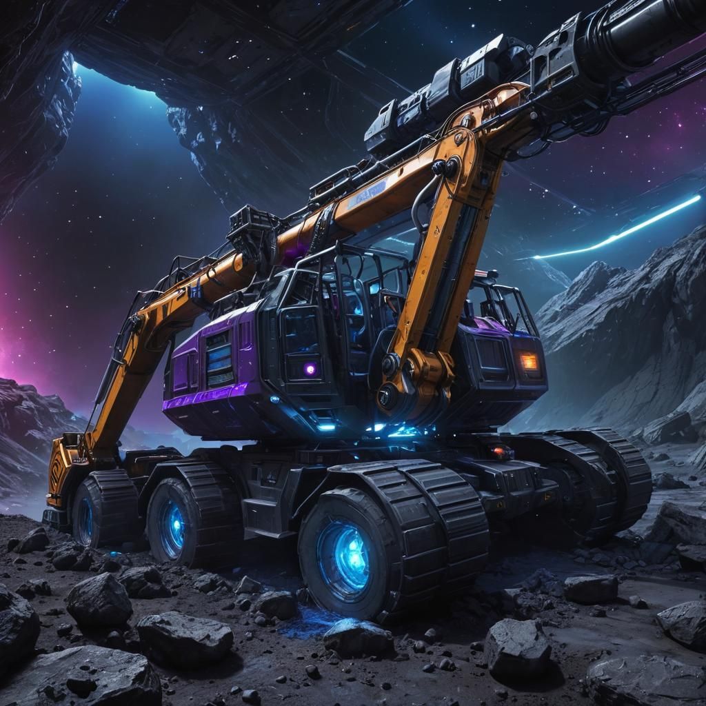 Futuristic Spaceship Excavator Digs Asteroid: Sci-Fi Concept...