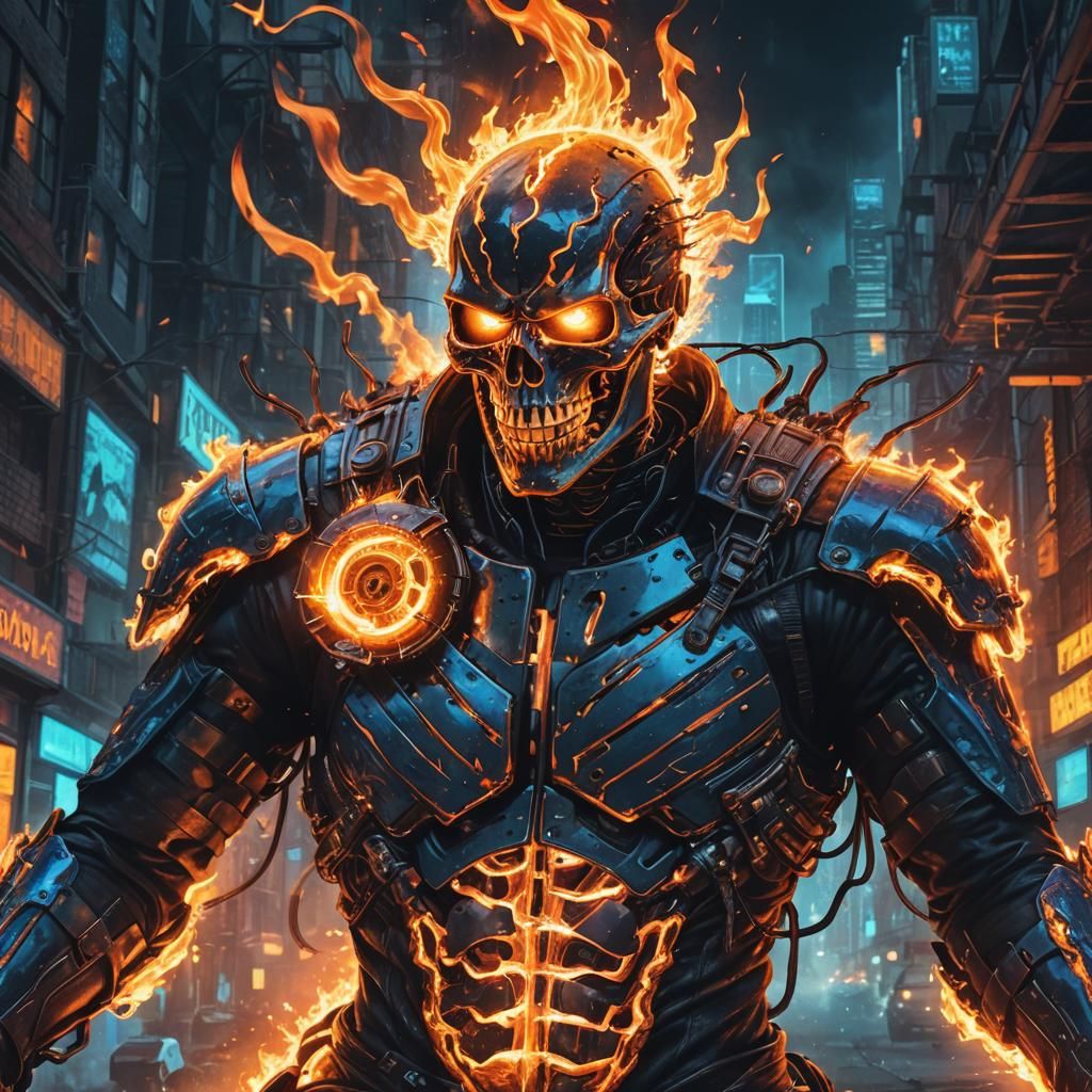 Cyberpunk Ghost Rider in a Dystopian Cityscape