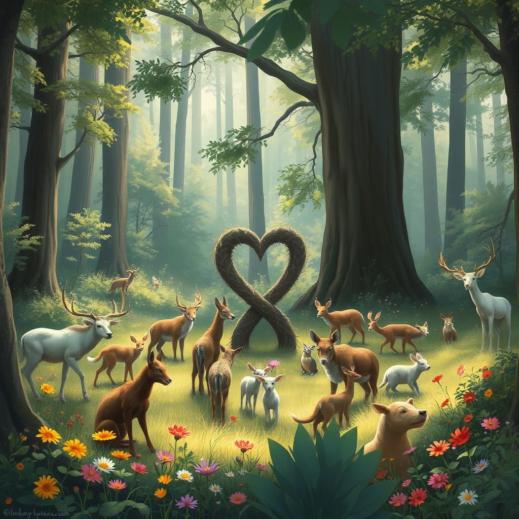 Idyllic Forest Clearing Scene with Animals