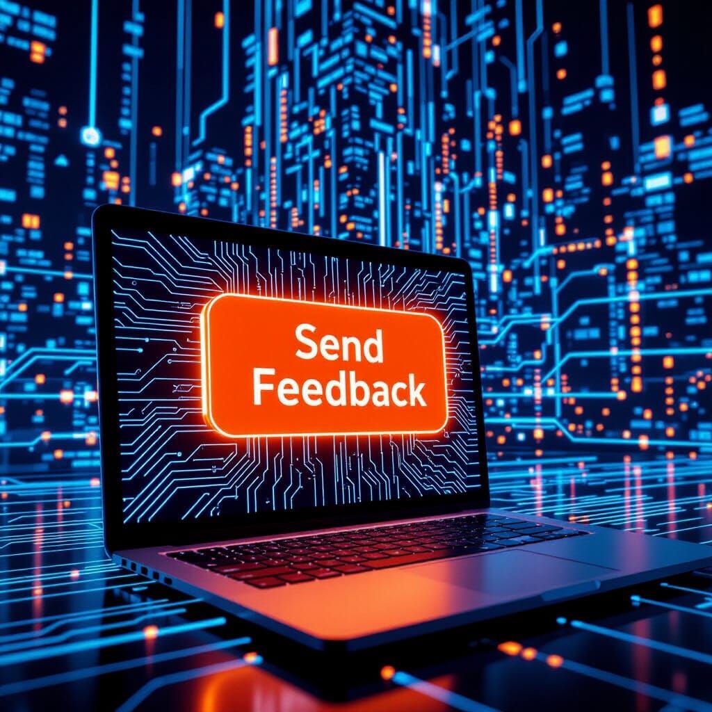 Cyberpunk Skyscraper of Code with Glowing Feedback Button