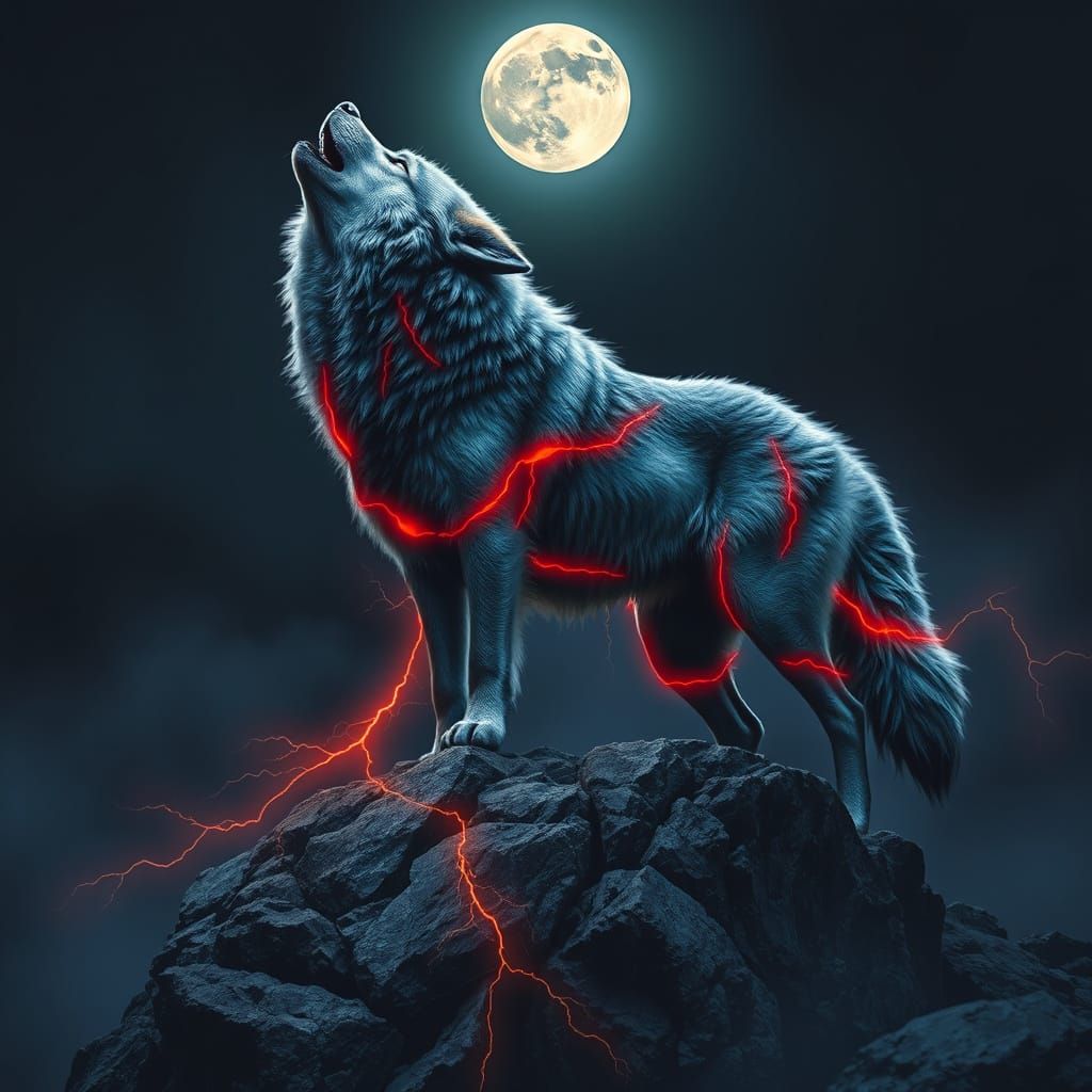 Majestic Gray Wolf with Electric Lightning Markings Howls at...