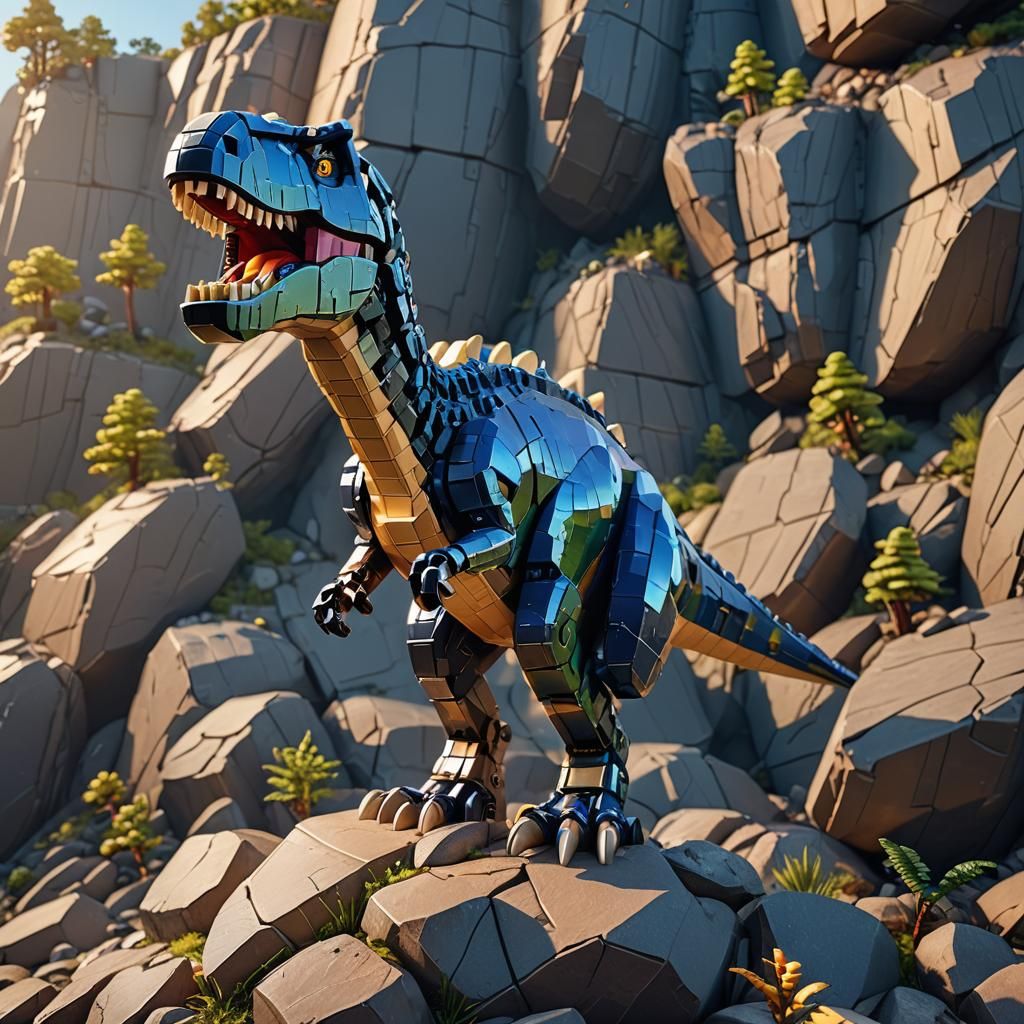 Lego T-Rex on Rocky Outcropping: Fantasy Art