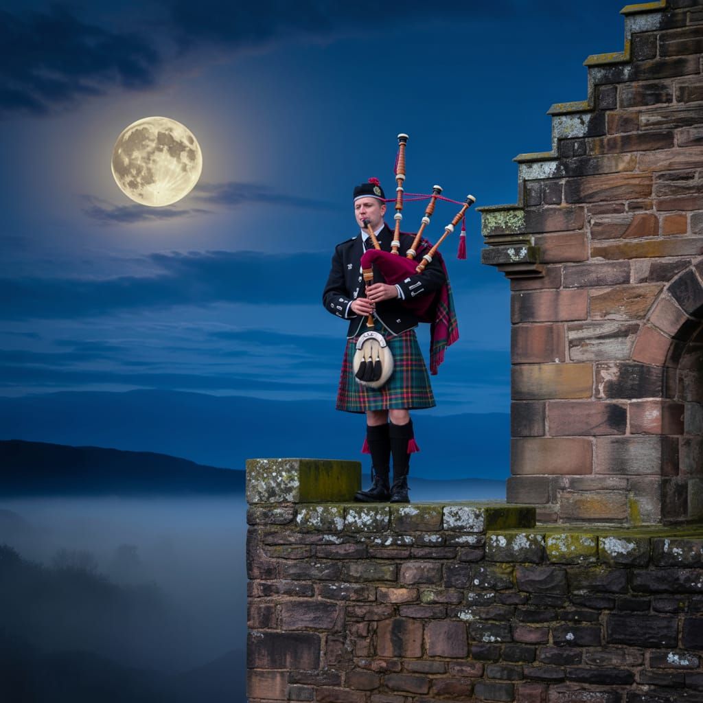 Bagpiper Plays on Castle Battlement Under Moonlight