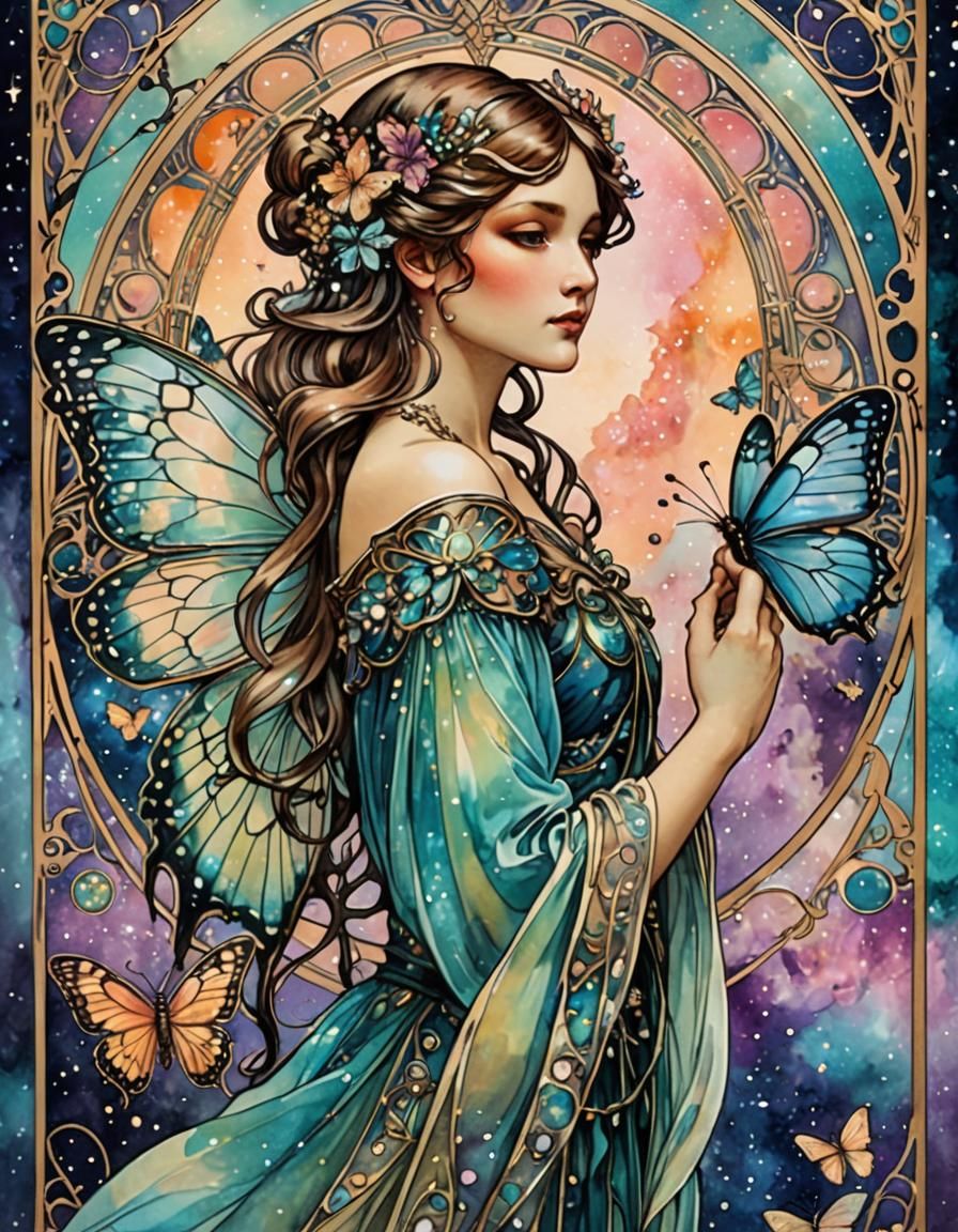 Victorian Fairy with Butterfly Wings in Art Deco Style