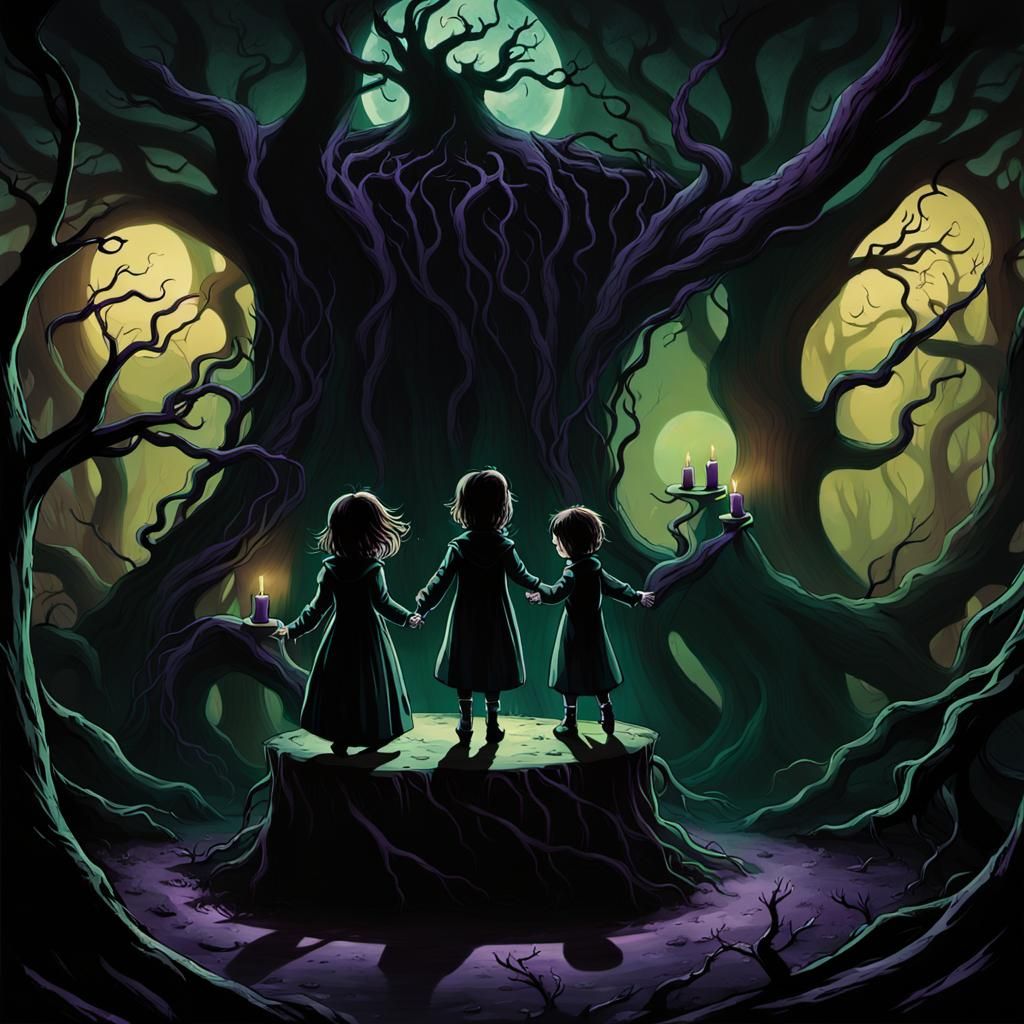 Eerie Dark Fantasy: Children Dancing with Shadows