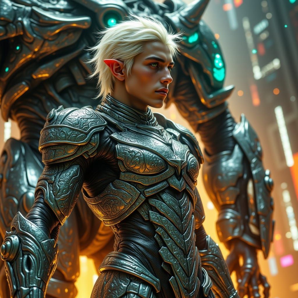 Teenage Cybernetic Elf Warrior Beside High-Tech Battle-Mech