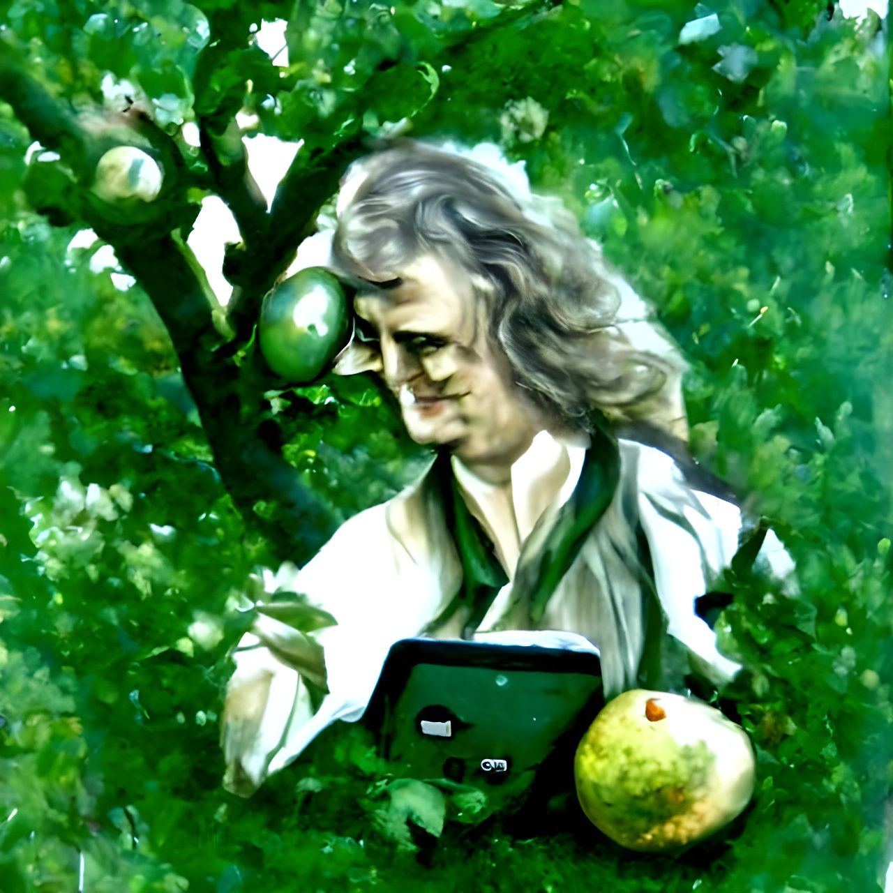 Isaac Newton with iPad Under Apple Tree