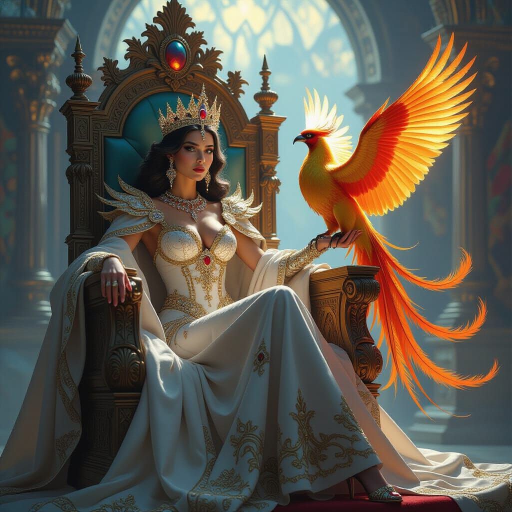 Majestic Queen with Golden Phoenix on Moonlight Throne