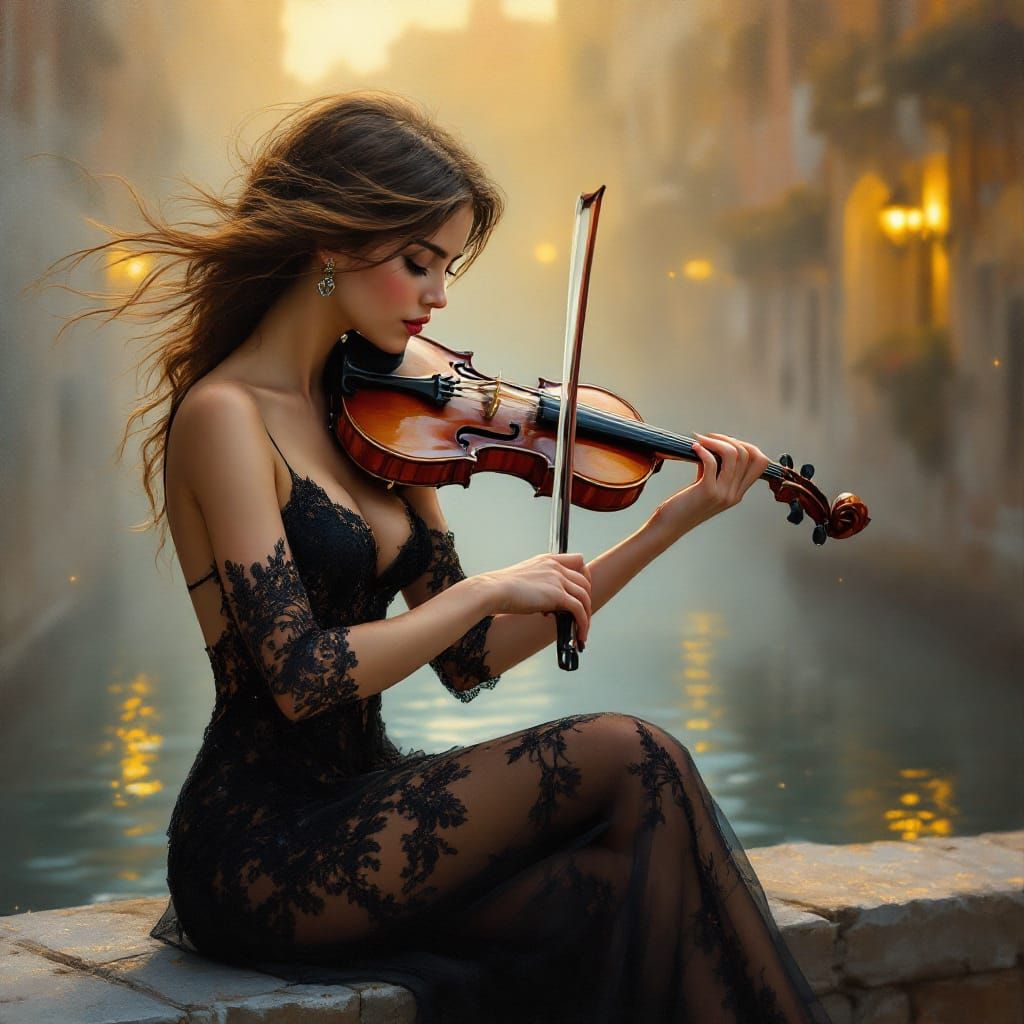 Impasto Oil Painting of Woman Playing Violin by Venetian Can...