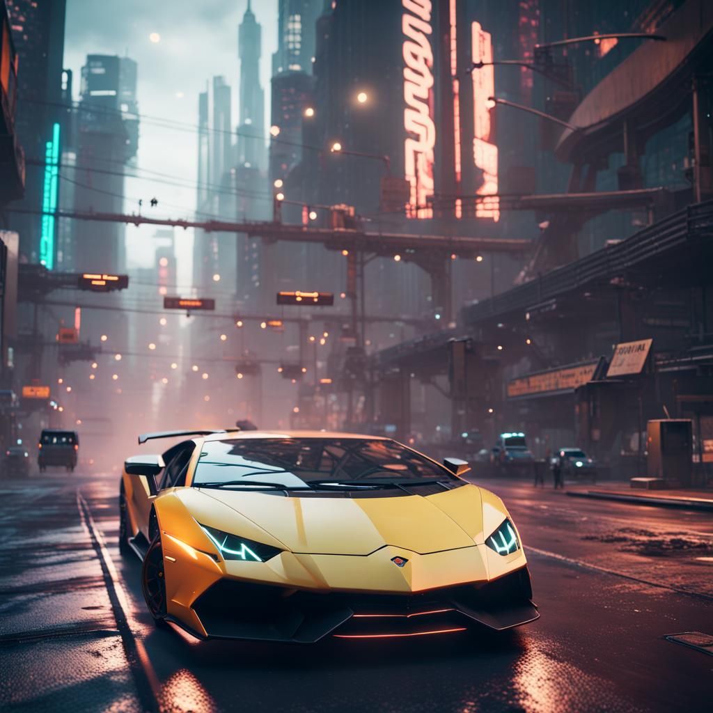 Lamborghini Speeding Through Cyberpunk City at Night
