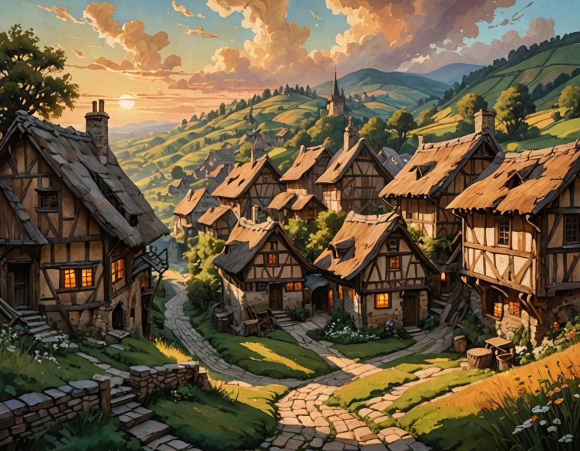 Rustic Village Scene in Acrylic Painting Style