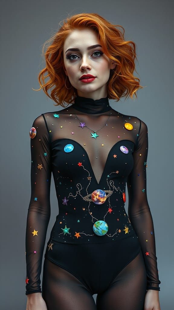 Woman in Cosmic Galaxy Lace Bodysuit