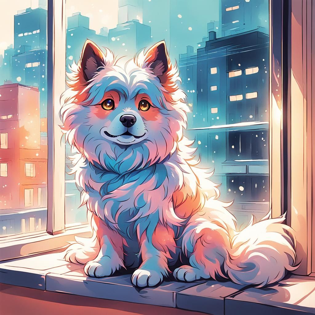 Cute Dog on Windowsill in Anime Style