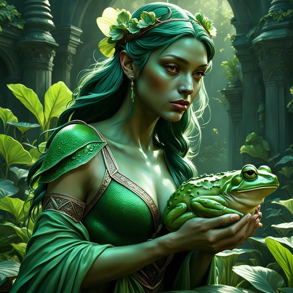 Green Nymph with Frog Skin: Dark Fantasy Art